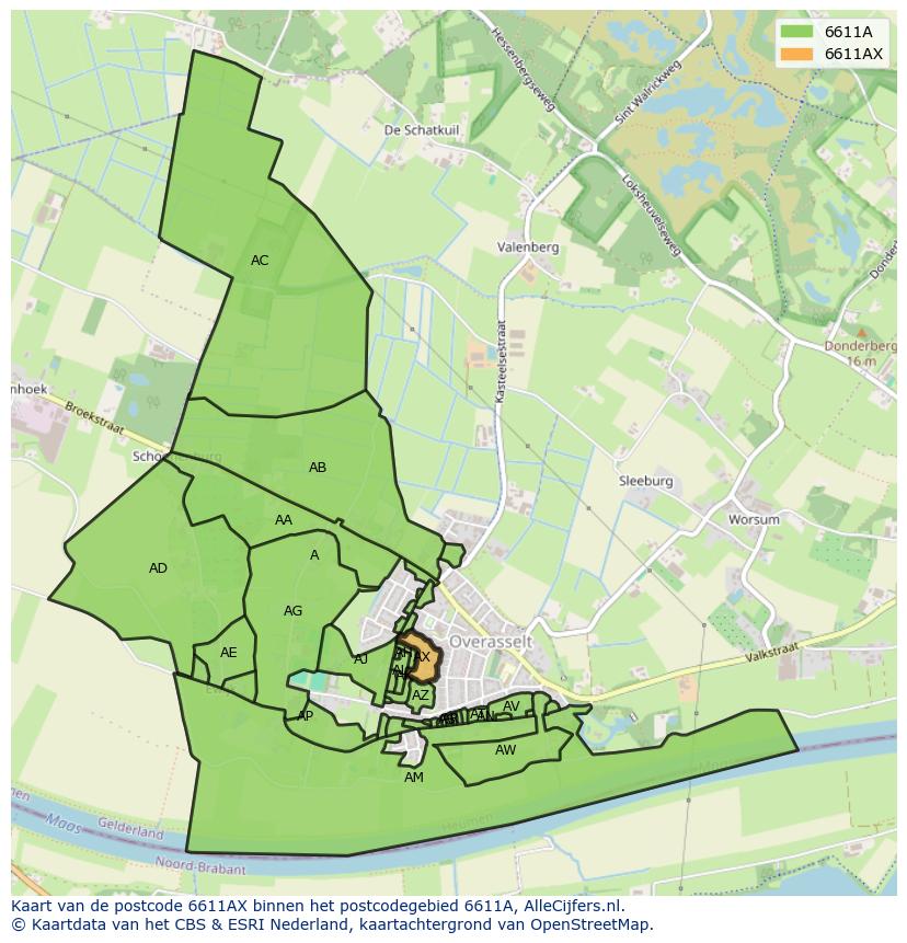 Afbeelding van het postcodegebied 6611 AX op de kaart.