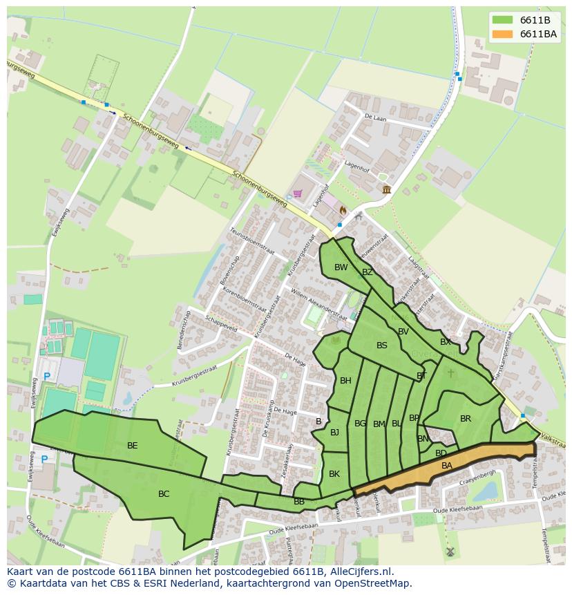 Afbeelding van het postcodegebied 6611 BA op de kaart.