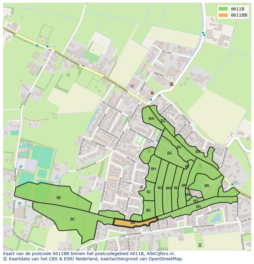 Afbeelding van het postcodegebied 6611 BB op de kaart.
