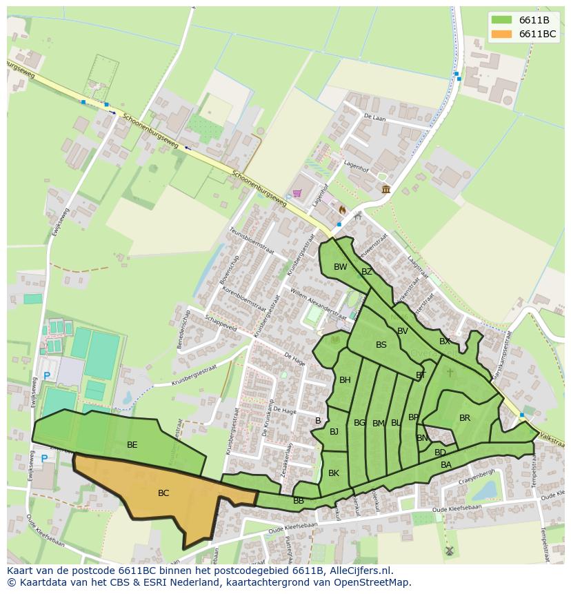 Afbeelding van het postcodegebied 6611 BC op de kaart.