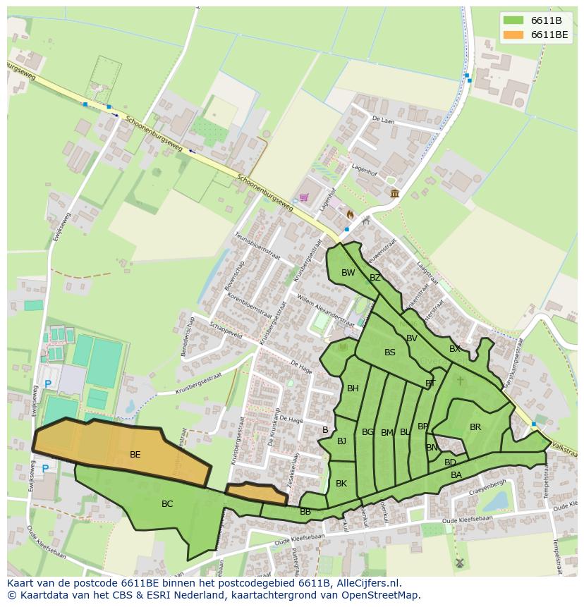 Afbeelding van het postcodegebied 6611 BE op de kaart.