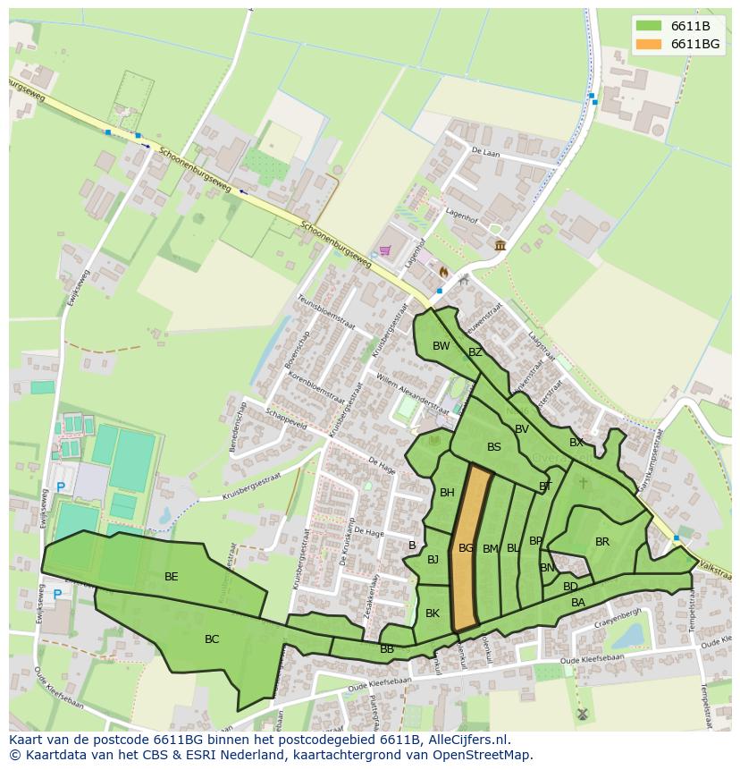 Afbeelding van het postcodegebied 6611 BG op de kaart.