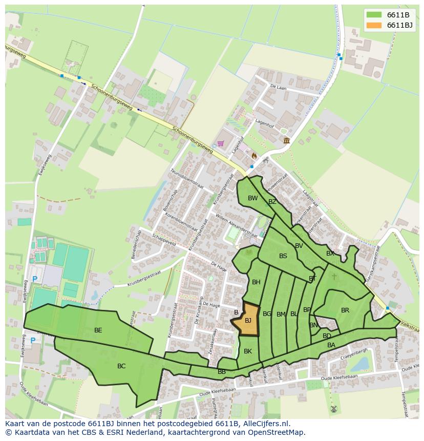 Afbeelding van het postcodegebied 6611 BJ op de kaart.