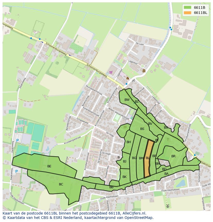 Afbeelding van het postcodegebied 6611 BL op de kaart.