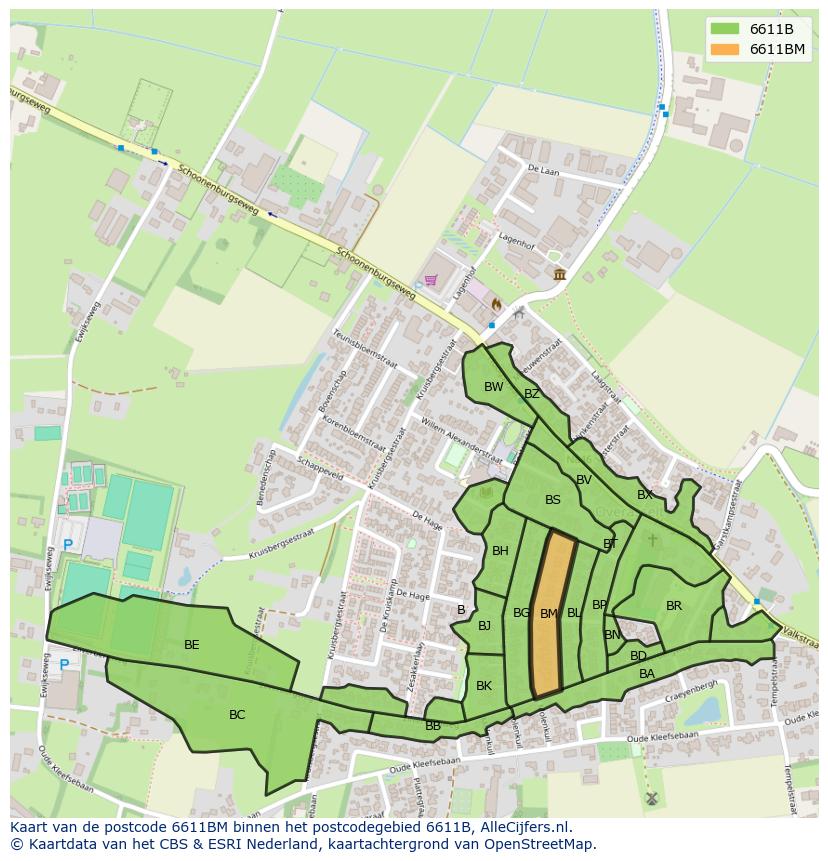 Afbeelding van het postcodegebied 6611 BM op de kaart.