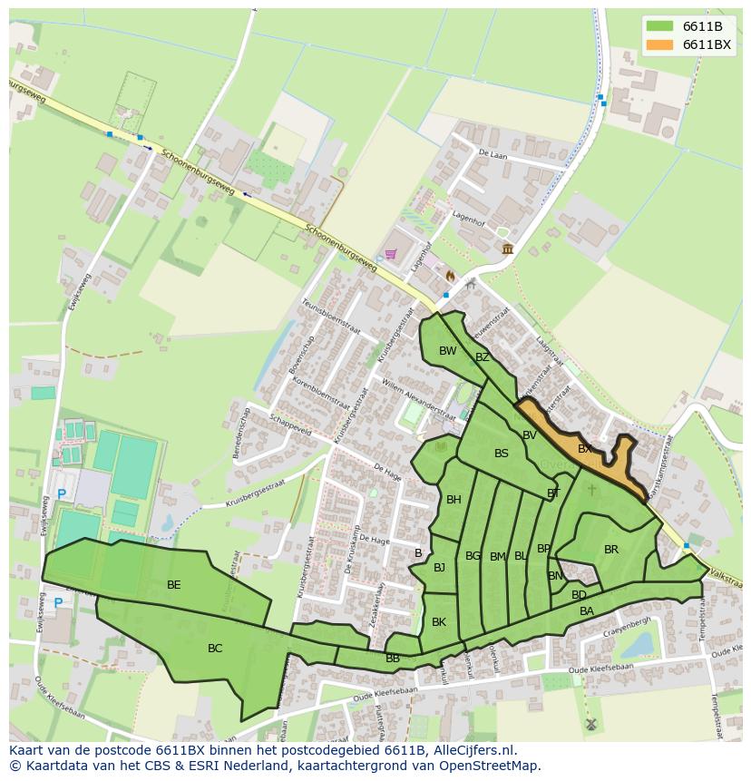 Afbeelding van het postcodegebied 6611 BX op de kaart.