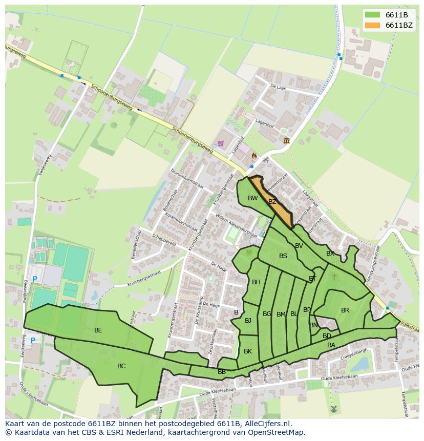 Afbeelding van het postcodegebied 6611 BZ op de kaart.