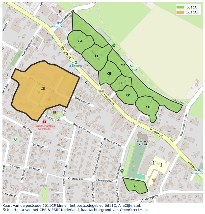 Afbeelding van het postcodegebied 6611 CE op de kaart.