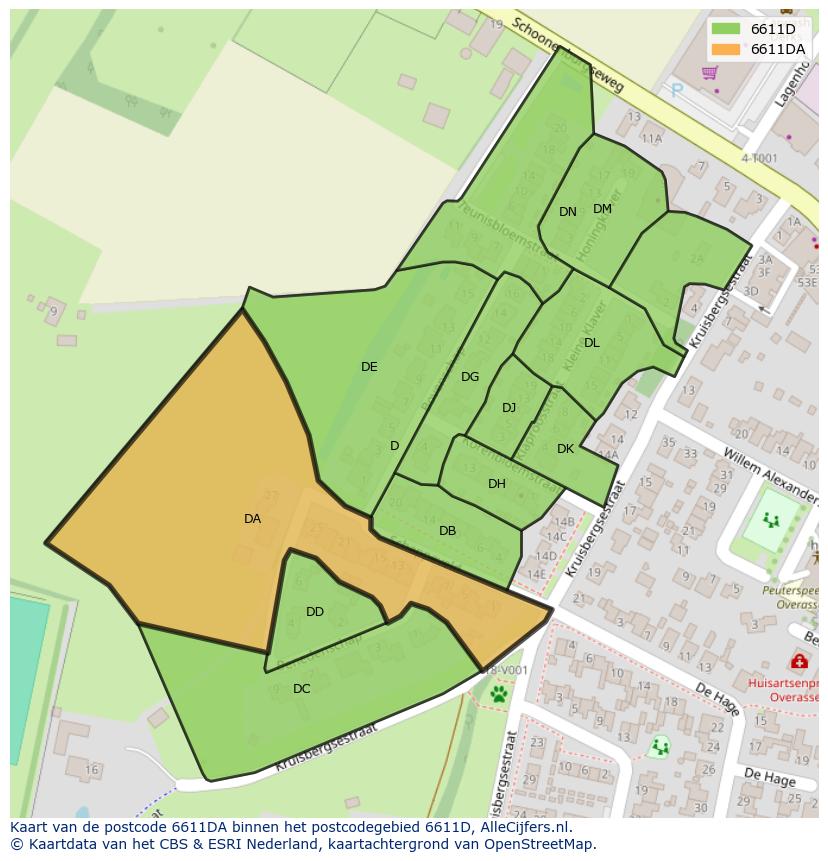 Afbeelding van het postcodegebied 6611 DA op de kaart.