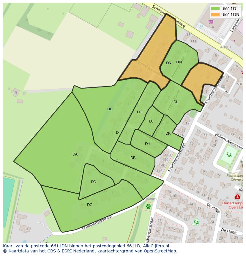 Afbeelding van het postcodegebied 6611 DN op de kaart.