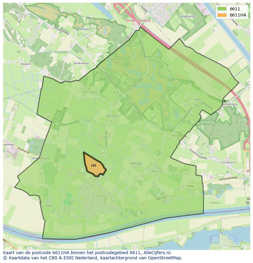 Afbeelding van het postcodegebied 6611 HA op de kaart.