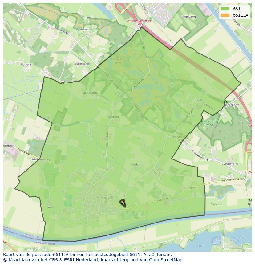 Afbeelding van het postcodegebied 6611 JA op de kaart.