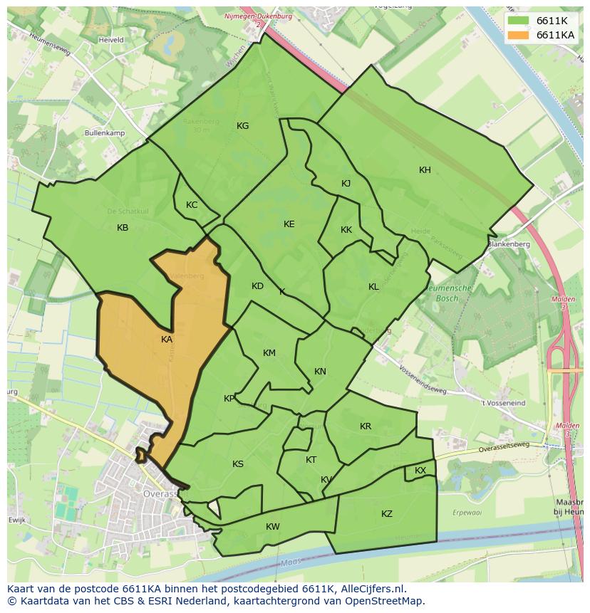 Afbeelding van het postcodegebied 6611 KA op de kaart.