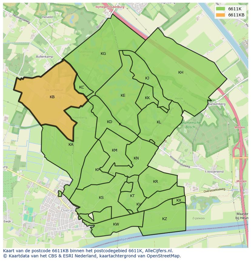 Afbeelding van het postcodegebied 6611 KB op de kaart.
