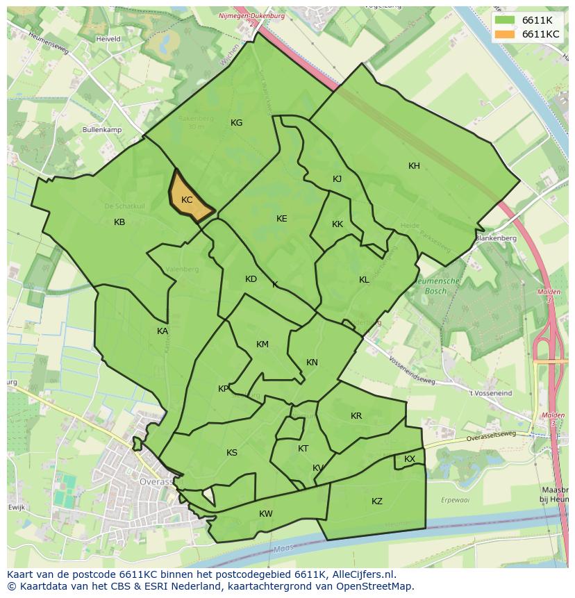 Afbeelding van het postcodegebied 6611 KC op de kaart.