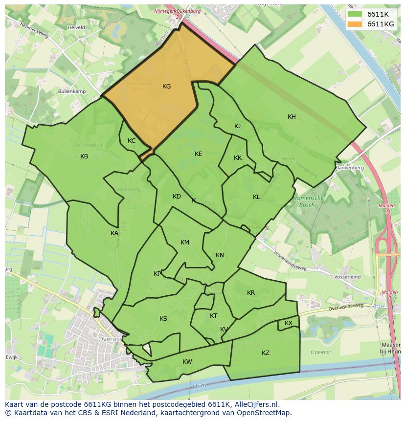 Afbeelding van het postcodegebied 6611 KG op de kaart.