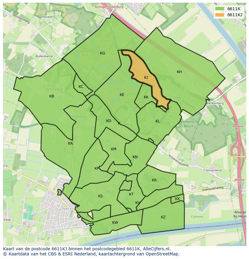 Afbeelding van het postcodegebied 6611 KJ op de kaart.