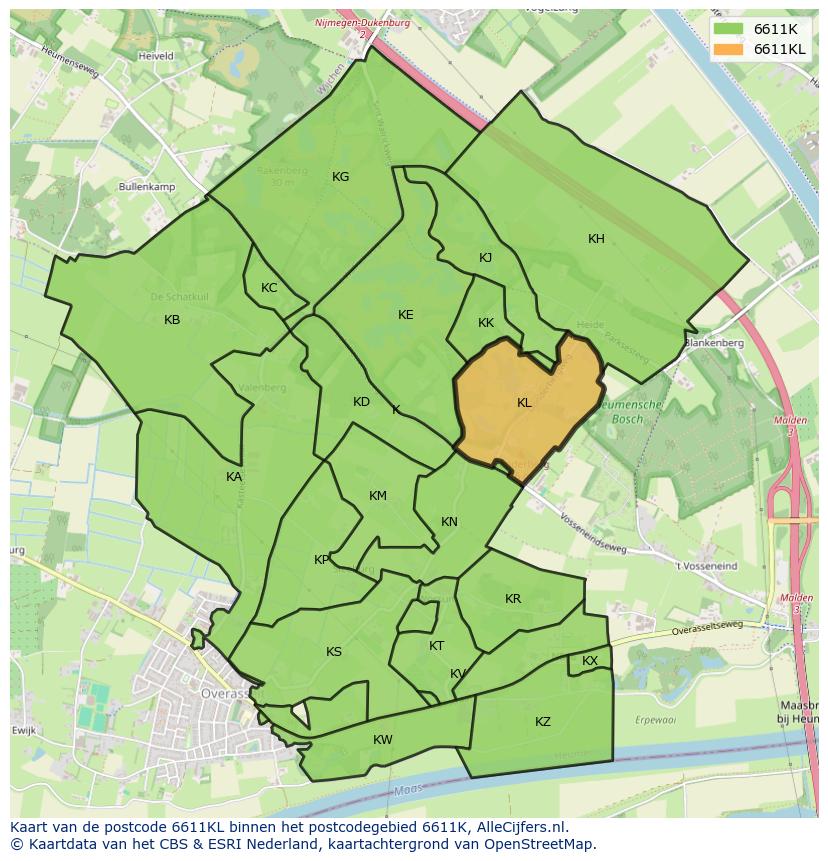 Afbeelding van het postcodegebied 6611 KL op de kaart.