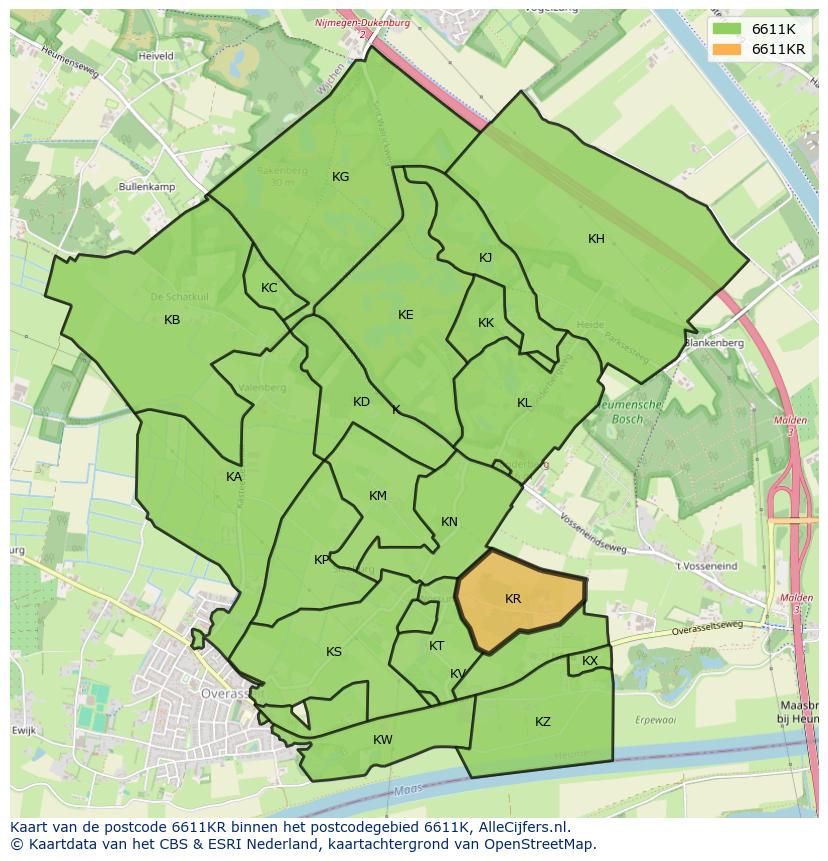 Afbeelding van het postcodegebied 6611 KR op de kaart.
