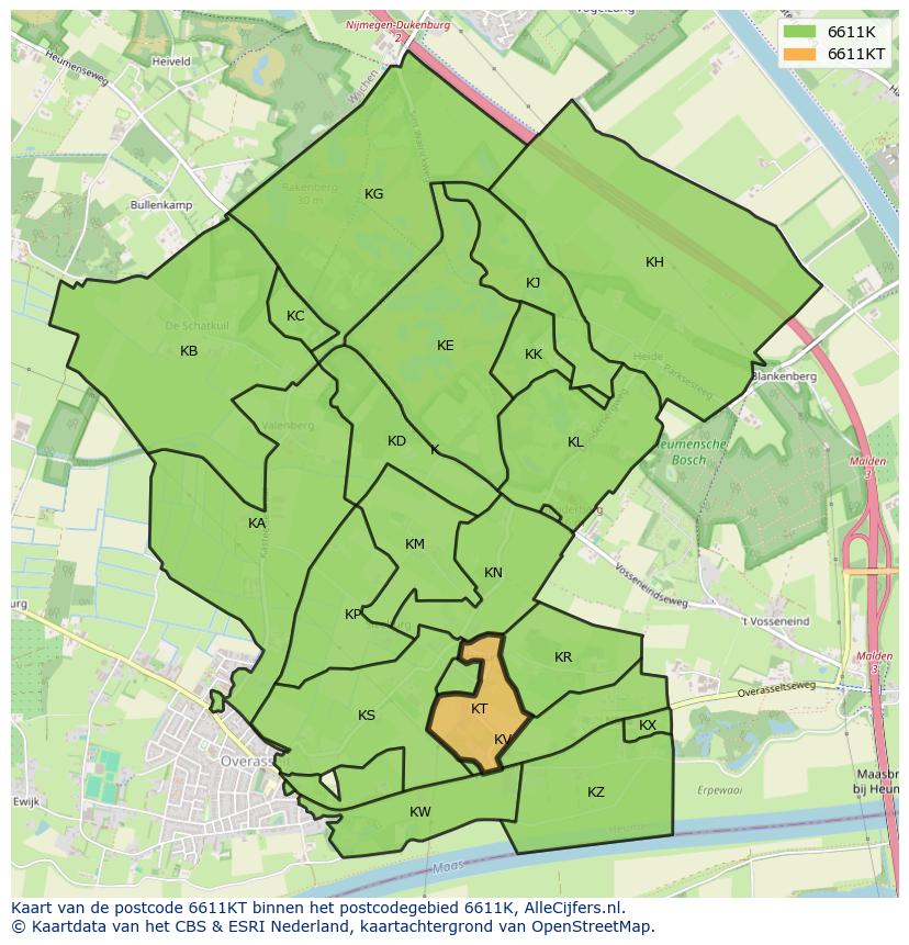 Afbeelding van het postcodegebied 6611 KT op de kaart.