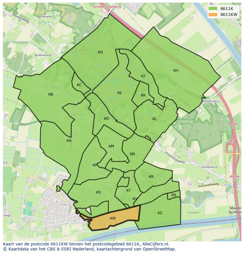 Afbeelding van het postcodegebied 6611 KW op de kaart.