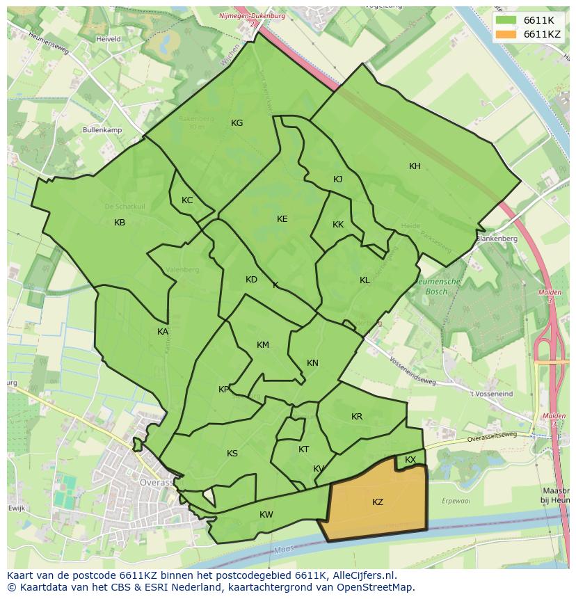 Afbeelding van het postcodegebied 6611 KZ op de kaart.