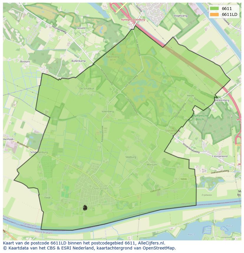 Afbeelding van het postcodegebied 6611 LD op de kaart.