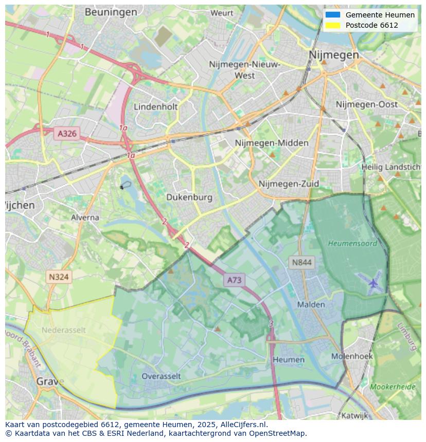 Afbeelding van het postcodegebied 6612 op de kaart.