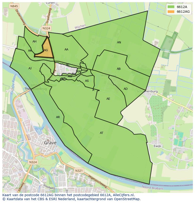 Afbeelding van het postcodegebied 6612 AG op de kaart.