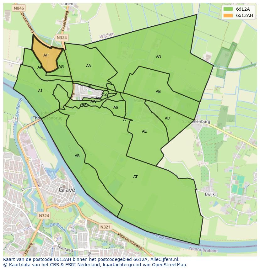 Afbeelding van het postcodegebied 6612 AH op de kaart.