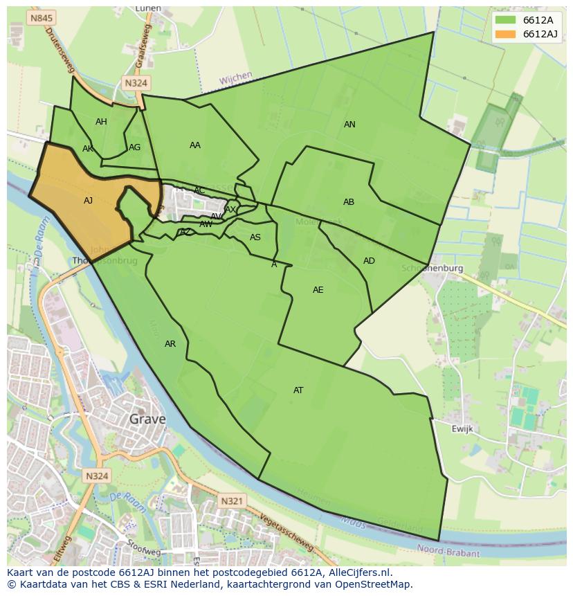 Afbeelding van het postcodegebied 6612 AJ op de kaart.