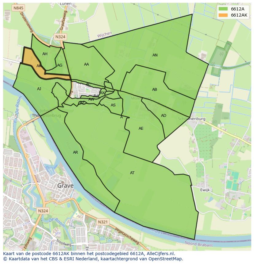 Afbeelding van het postcodegebied 6612 AK op de kaart.