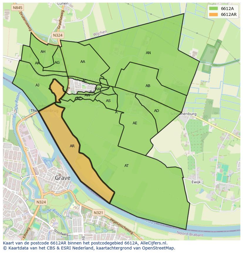 Afbeelding van het postcodegebied 6612 AR op de kaart.