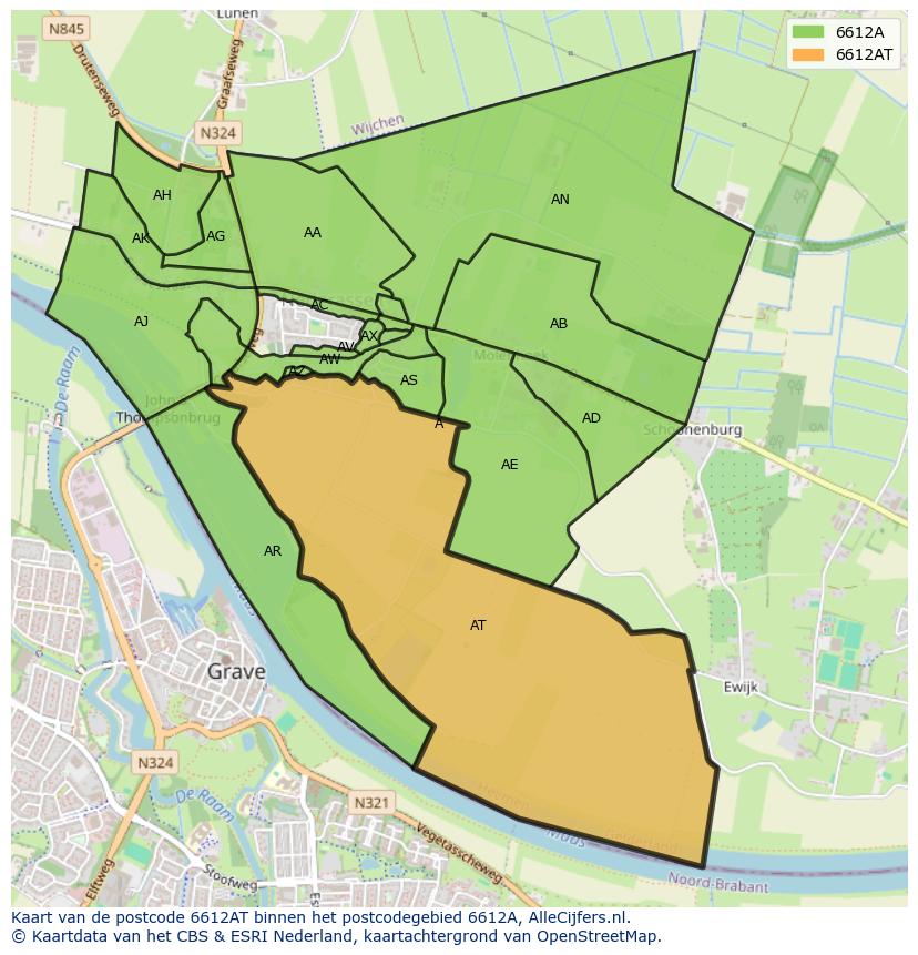 Afbeelding van het postcodegebied 6612 AT op de kaart.