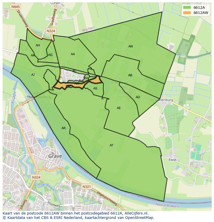 Afbeelding van het postcodegebied 6612 AW op de kaart.
