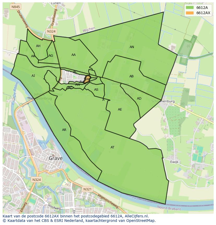 Afbeelding van het postcodegebied 6612 AX op de kaart.