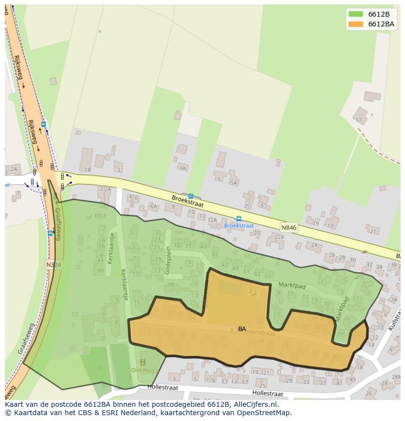 Afbeelding van het postcodegebied 6612 BA op de kaart.