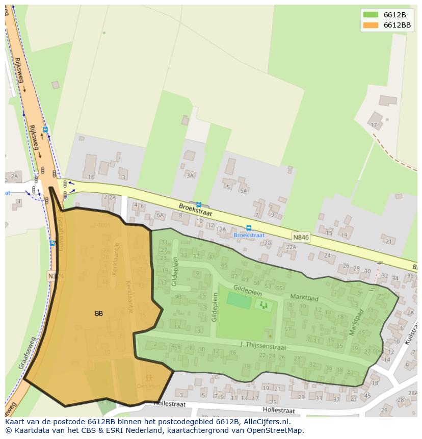 Afbeelding van het postcodegebied 6612 BB op de kaart.