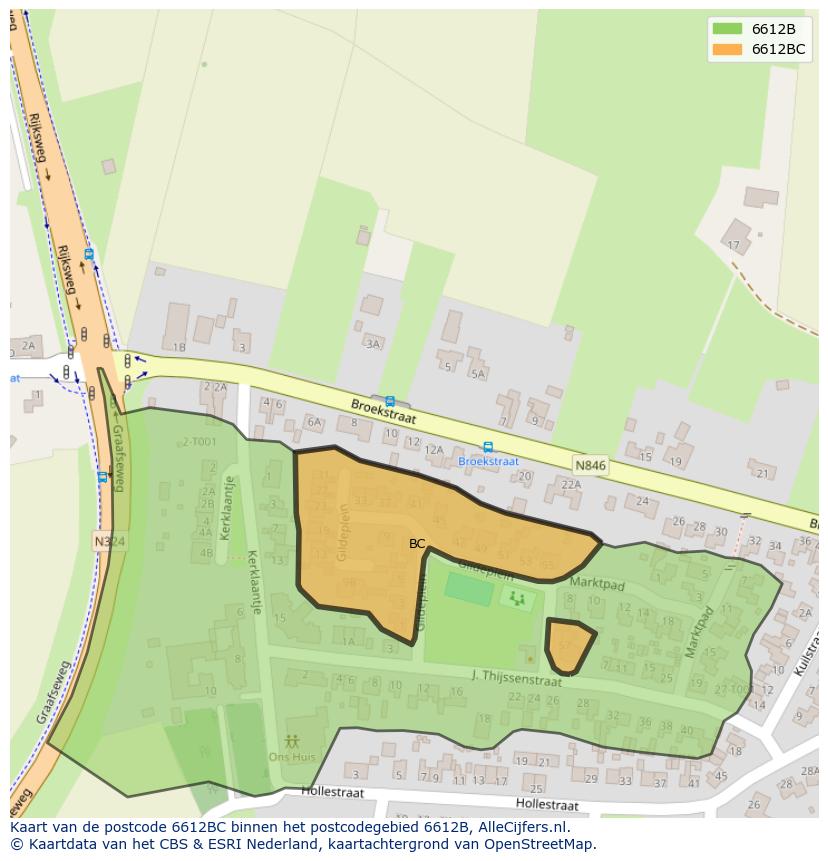 Afbeelding van het postcodegebied 6612 BC op de kaart.