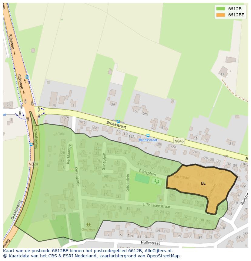 Afbeelding van het postcodegebied 6612 BE op de kaart.