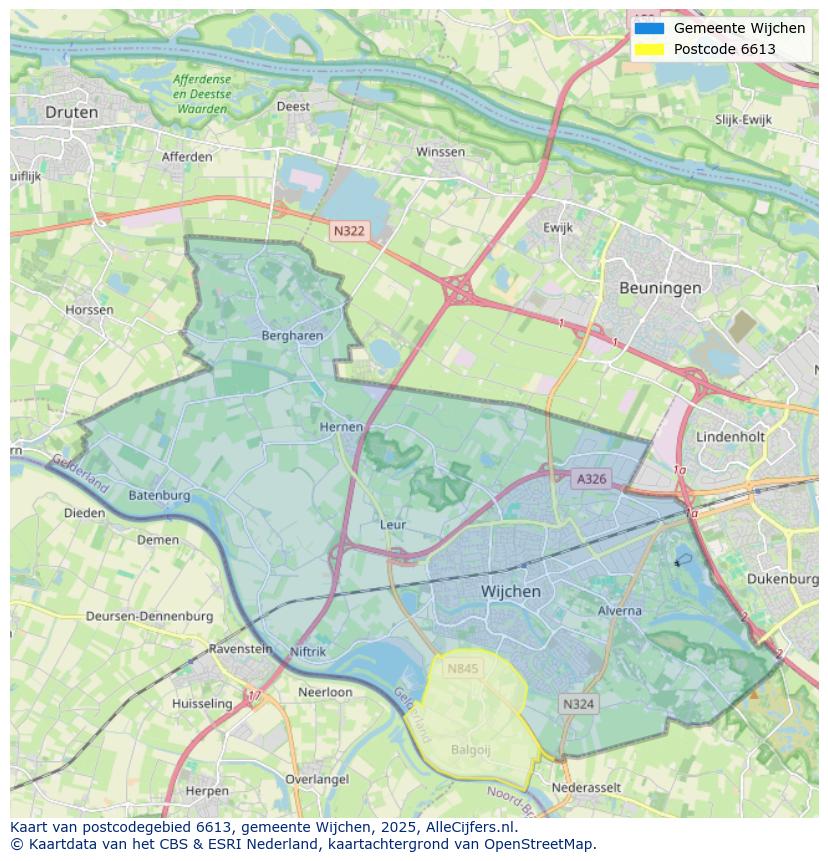 Afbeelding van het postcodegebied 6613 op de kaart.