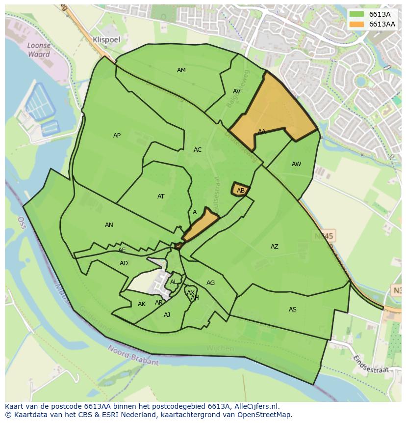 Afbeelding van het postcodegebied 6613 AA op de kaart.