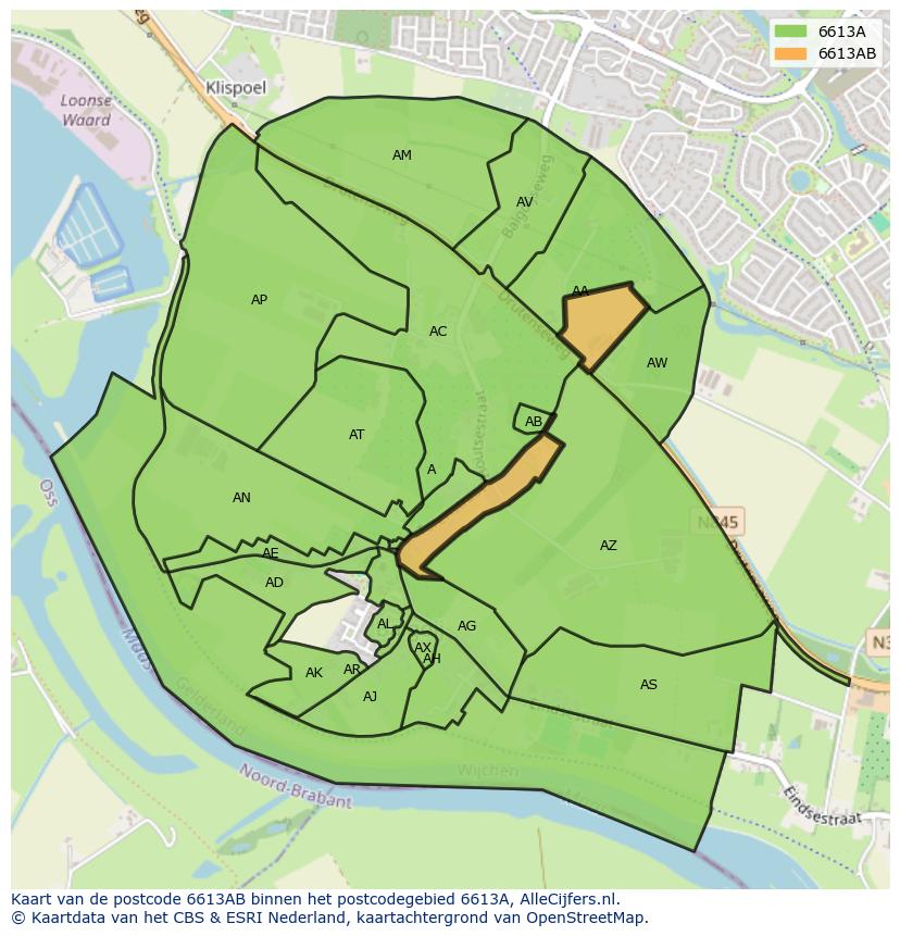 Afbeelding van het postcodegebied 6613 AB op de kaart.