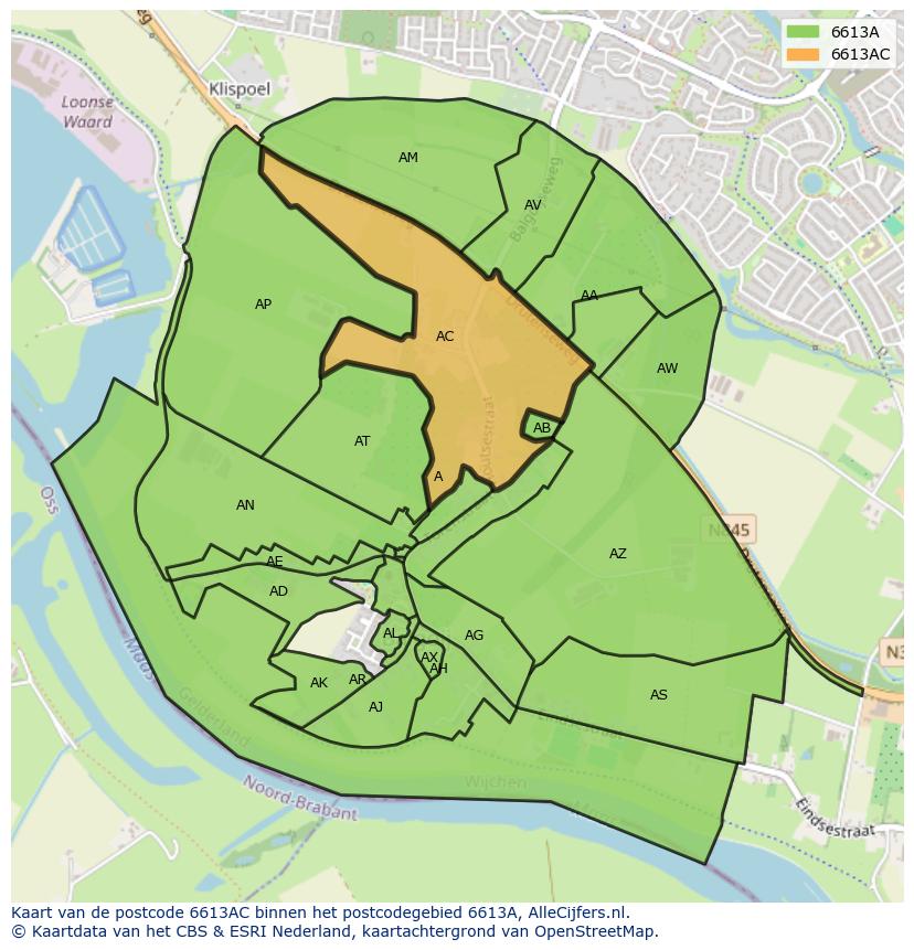 Afbeelding van het postcodegebied 6613 AC op de kaart.