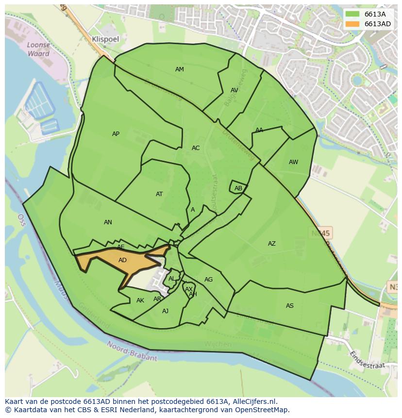 Afbeelding van het postcodegebied 6613 AD op de kaart.