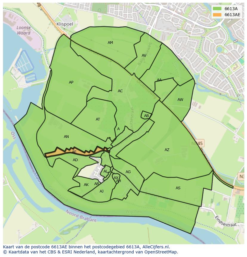 Afbeelding van het postcodegebied 6613 AE op de kaart.