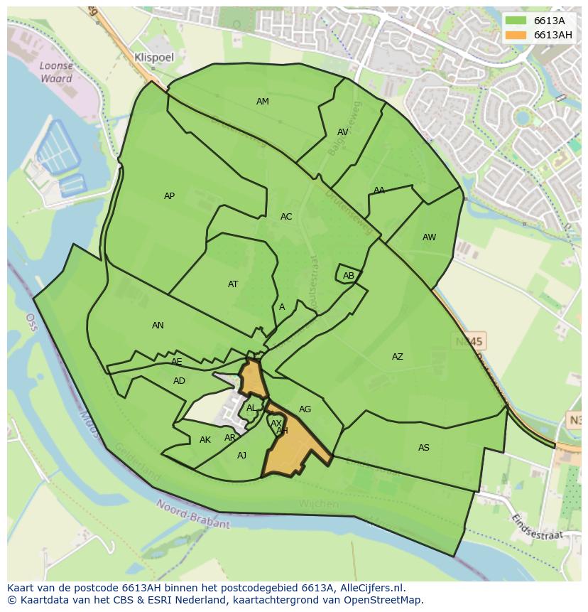 Afbeelding van het postcodegebied 6613 AH op de kaart.