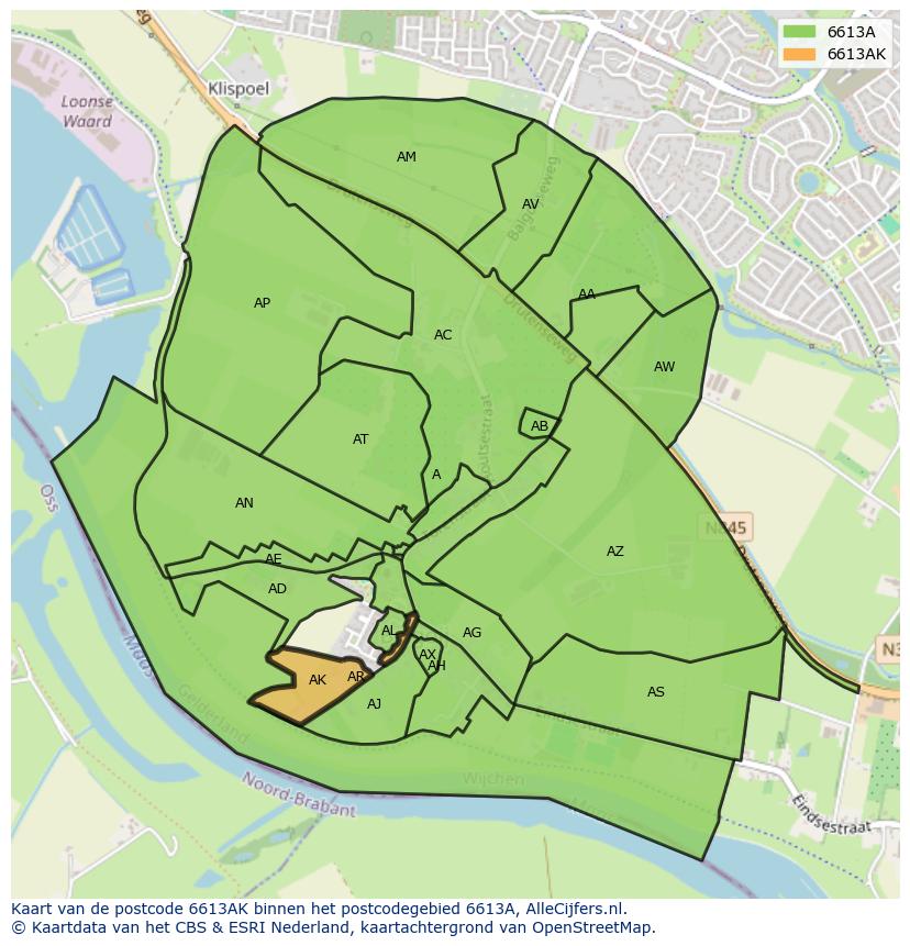 Afbeelding van het postcodegebied 6613 AK op de kaart.
