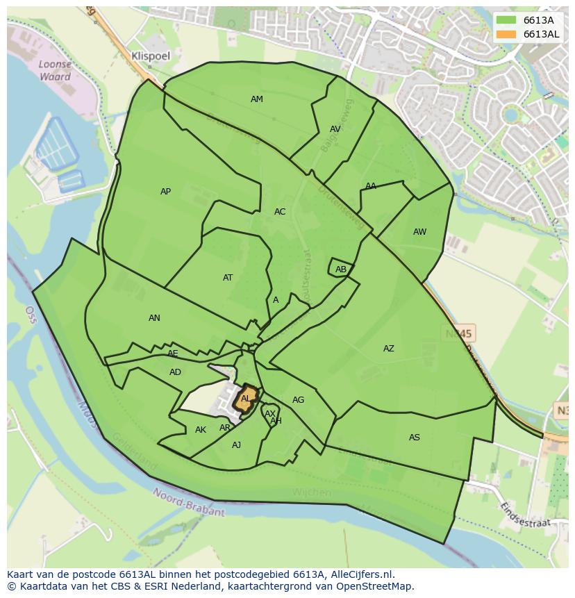 Afbeelding van het postcodegebied 6613 AL op de kaart.