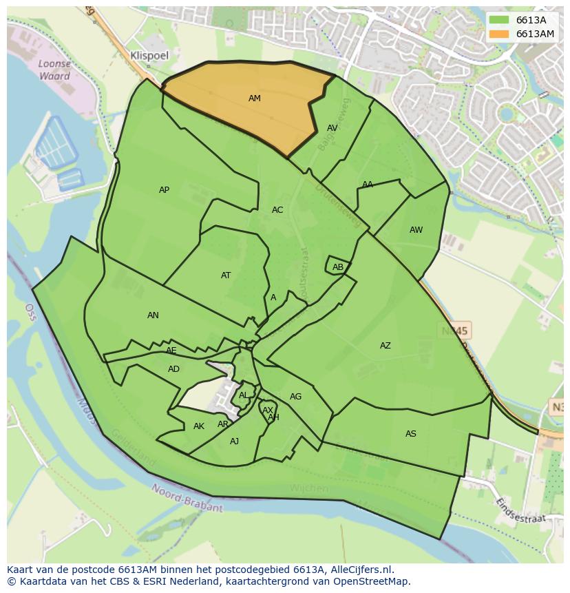 Afbeelding van het postcodegebied 6613 AM op de kaart.
